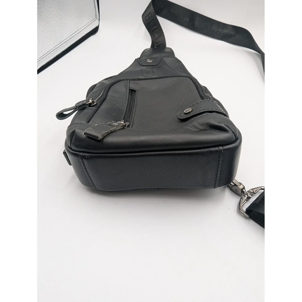 Bullcaptain Sling Bag Black Leather USB Charging Port Chest Pack Small